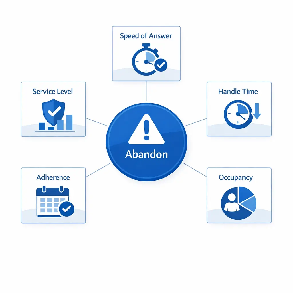 A hub graphic links abandonment rate to service level, answer speed, handle time, occupancy, and adherence.