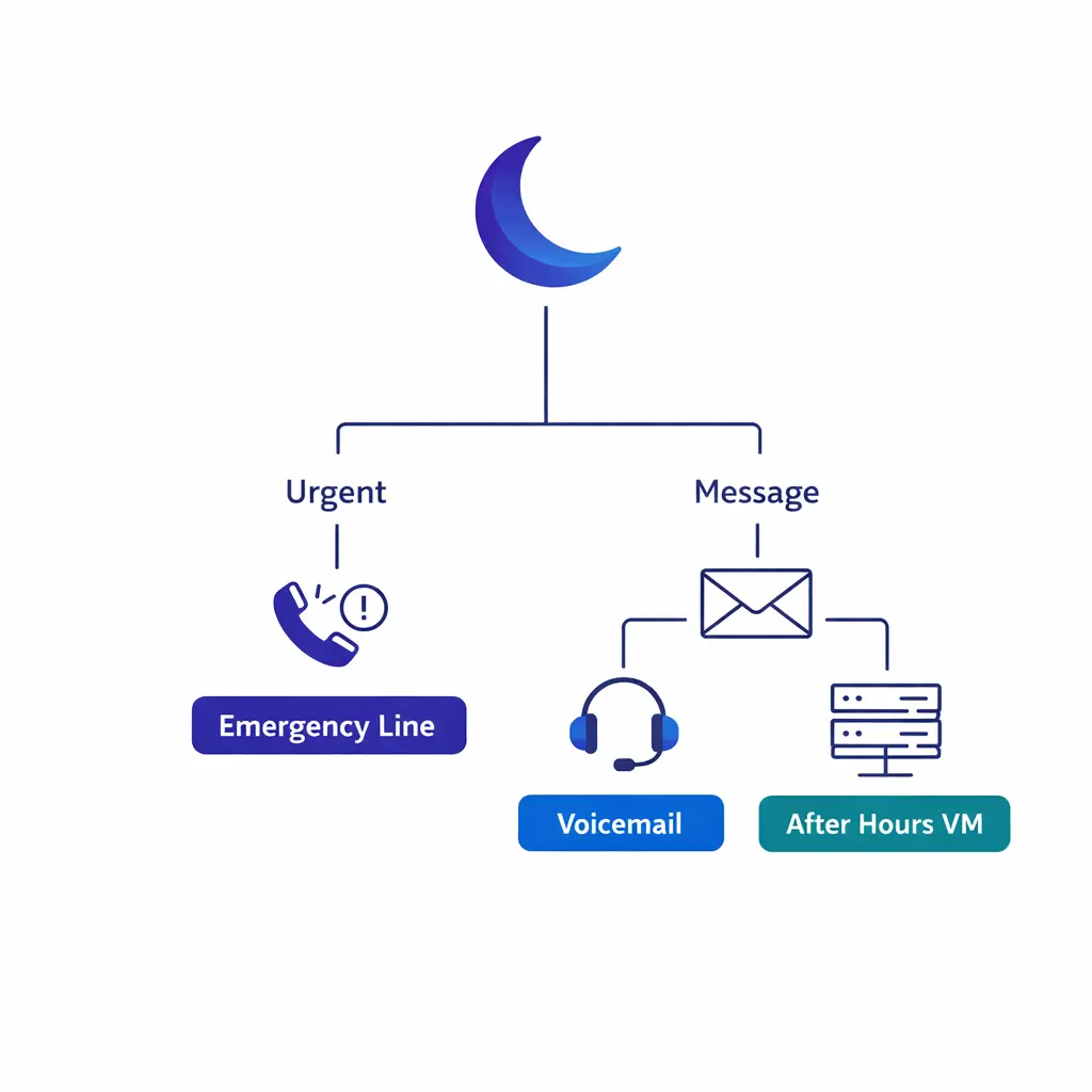 A moon icon and routing tree separate urgent calls from routine messages in a simple after-hours flow.