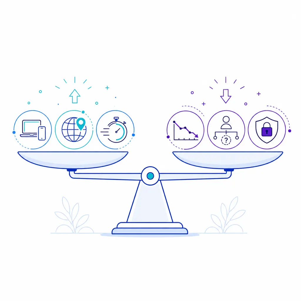 A clean scale compares outsourcing advantages with potential quality, communication, and security risks.
