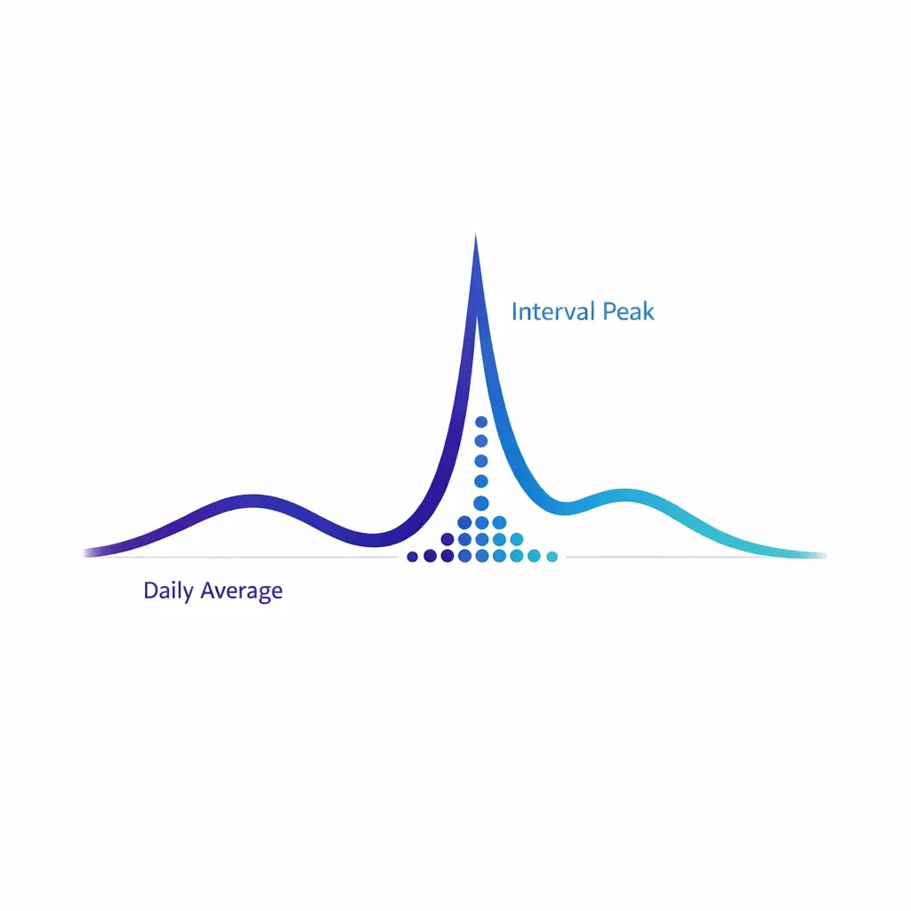 A calm daily average line contrasts with a sharp interval spike to show why interval planning matters.