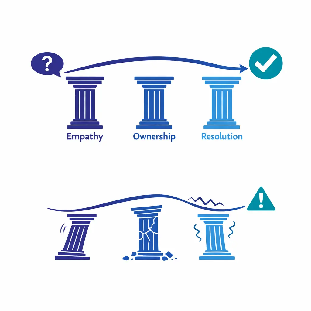 Three simple service pillars support a stable customer path toward a resolved outcome.