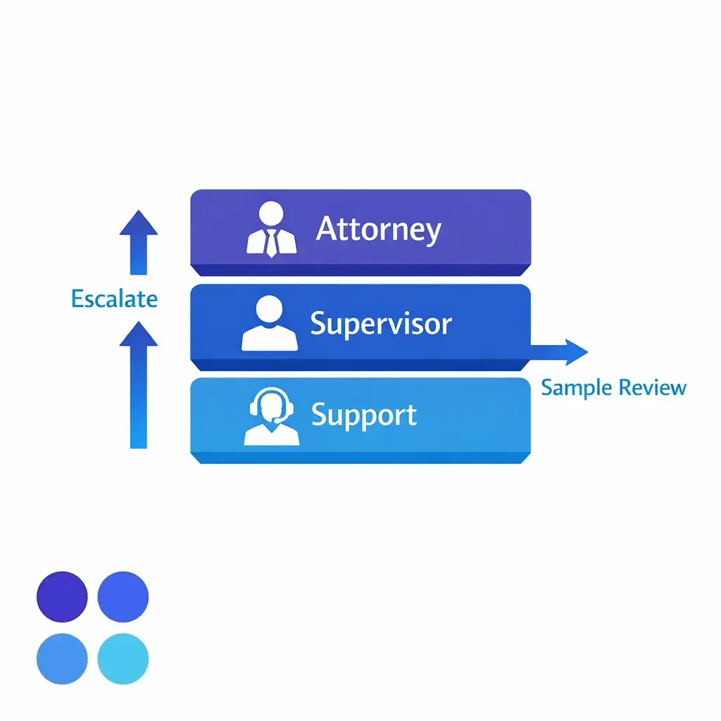 A tiered diagram shows staff escalating to a supervisor and then to attorney review when needed.