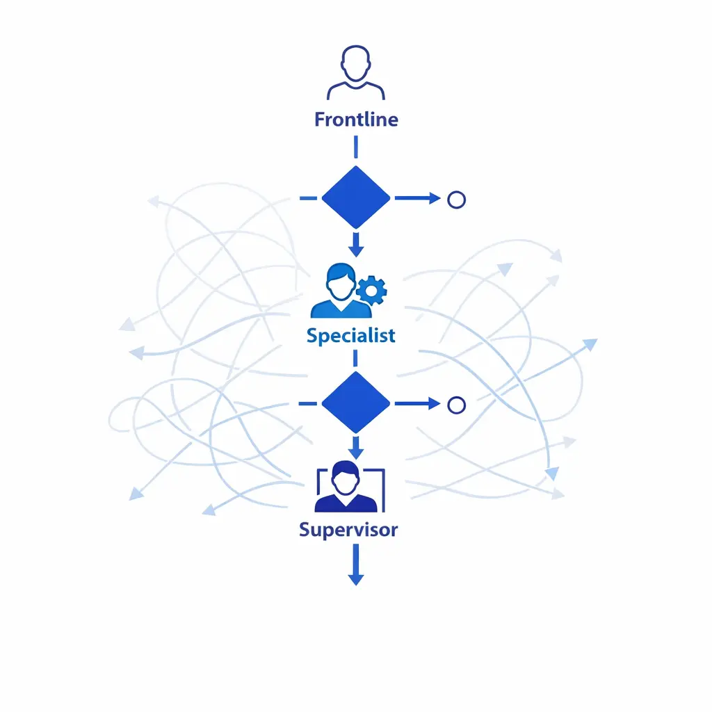 A clear tiered path moves issues from frontline to specialist to supervisor without chaotic handoffs.