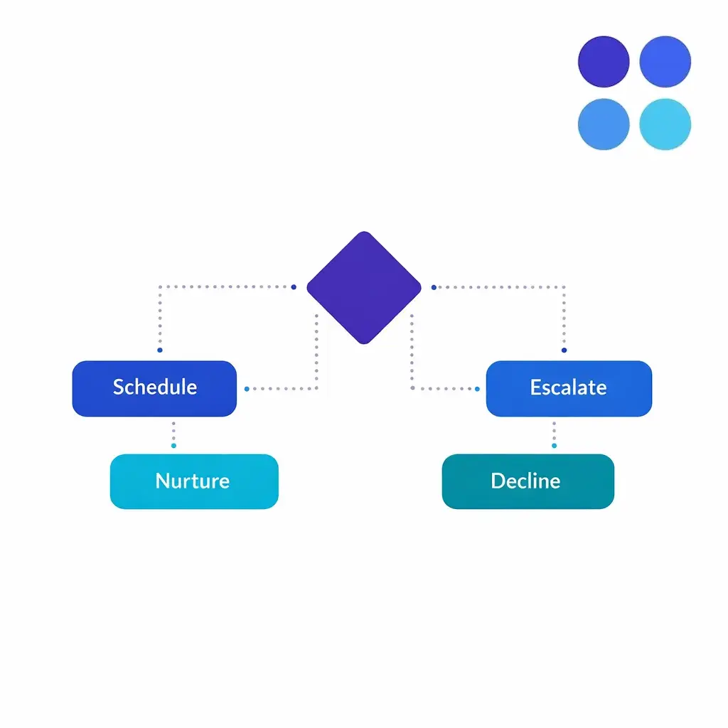A decision hub splits a matter into schedule, escalate, nurture, or decline paths.