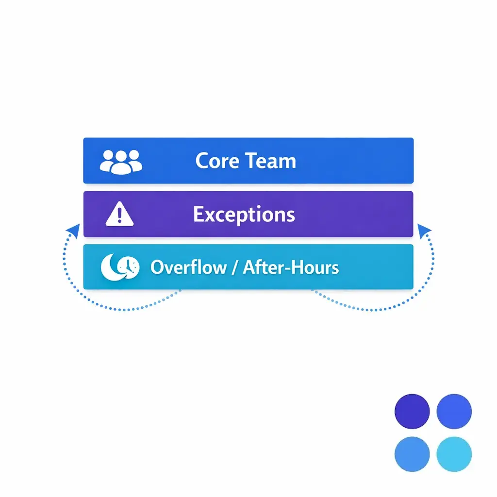 A layered diagram showing a core in-house team supported by outsourced overflow and after-hours coverage.