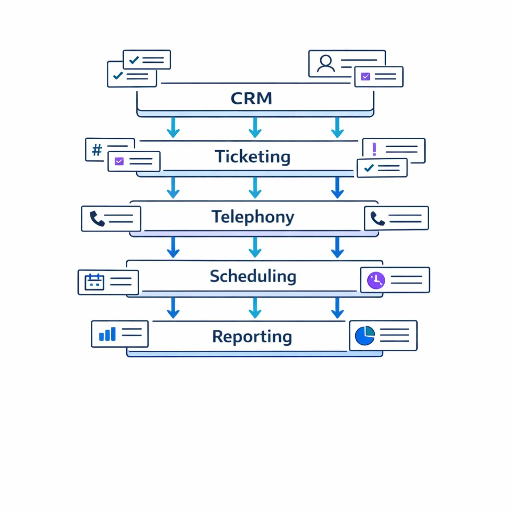 CRM, ticketing, telephony, scheduling, and reporting connect in a clean integrated enterprise service stack.