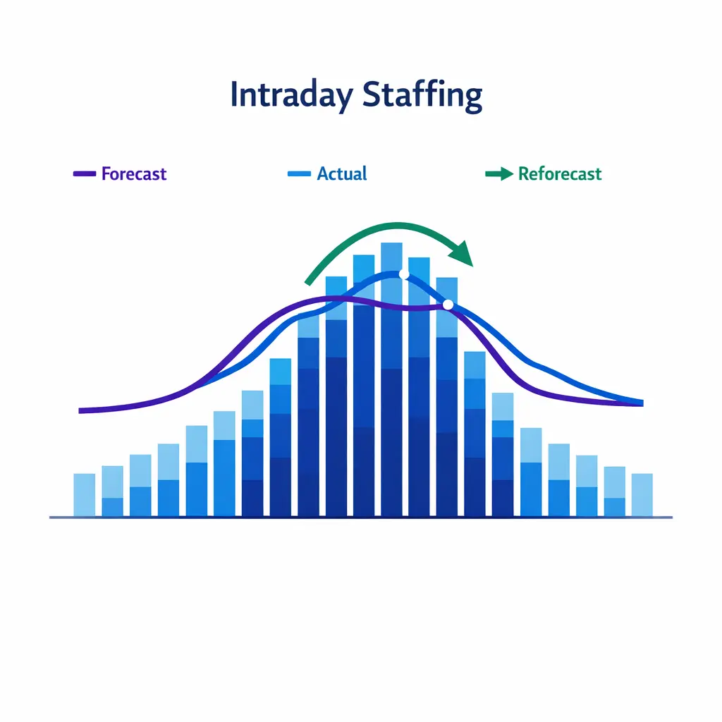 A forecasting chart with interval blocks shows how teams adjust staffing during the day to protect answer speed.