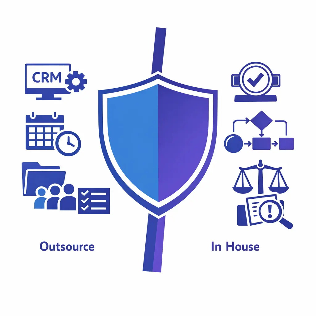 A clear barrier separates outsourced admin work from in-house legal judgment and final acceptance.