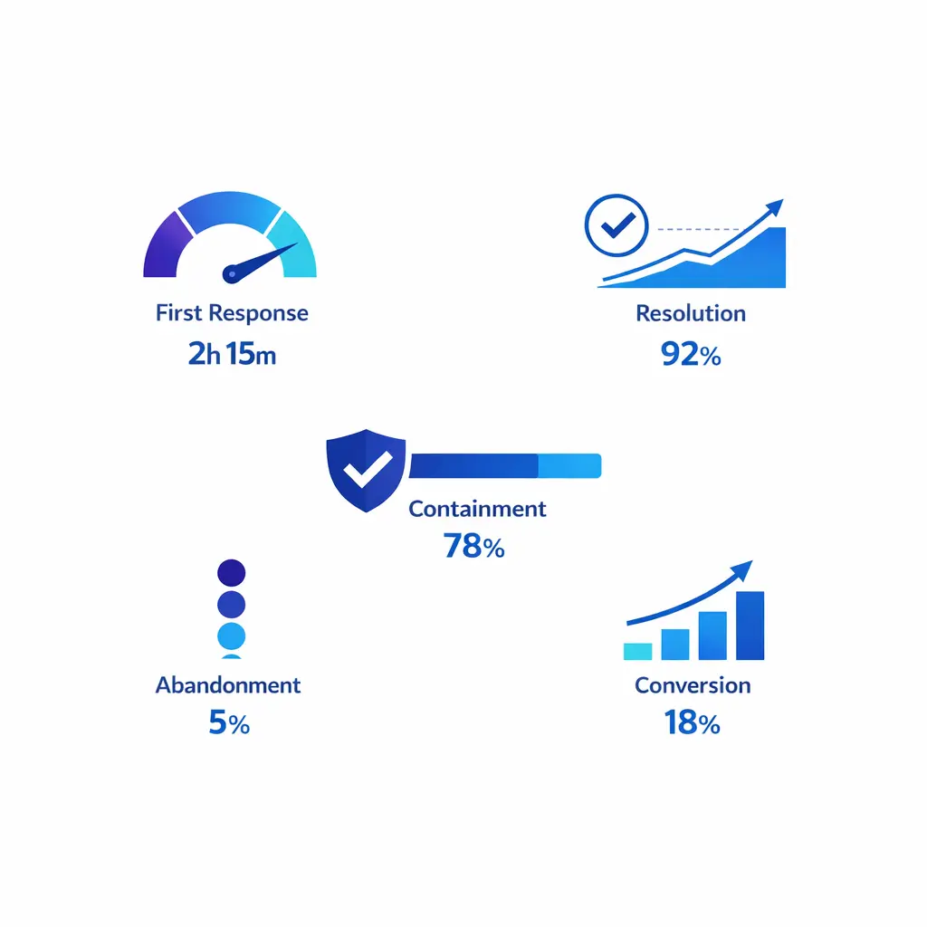 A minimal KPI scene highlights first response, resolution, containment, abandonment, and conversion metrics.