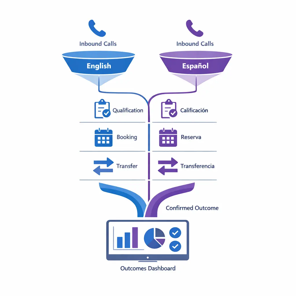 A streamlined funnel shows answered calls becoming qualified leads, booked appointments, and protected conversions across two languages.