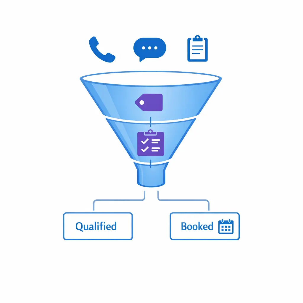 A clean funnel shows inquiries routed into qualified leads and booked appointments with clear criteria checkpoints.