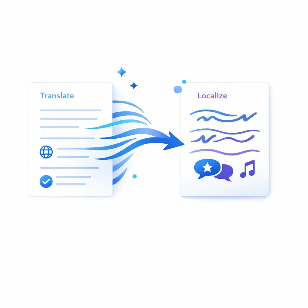 A translation sheet transforms into a polished localized script with smoother language flow.