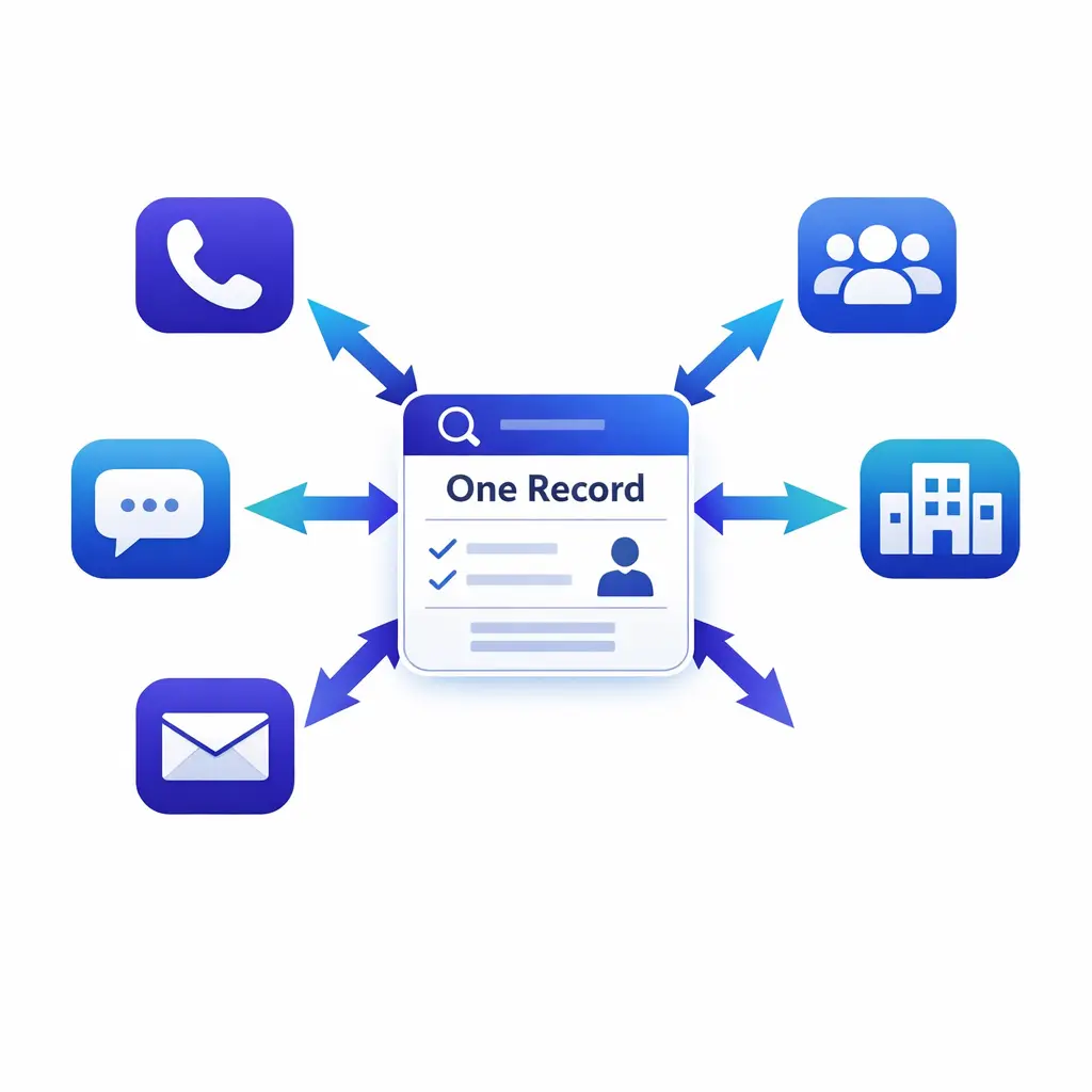 Phone chat email and back-office tasks connect through one shared customer record.
