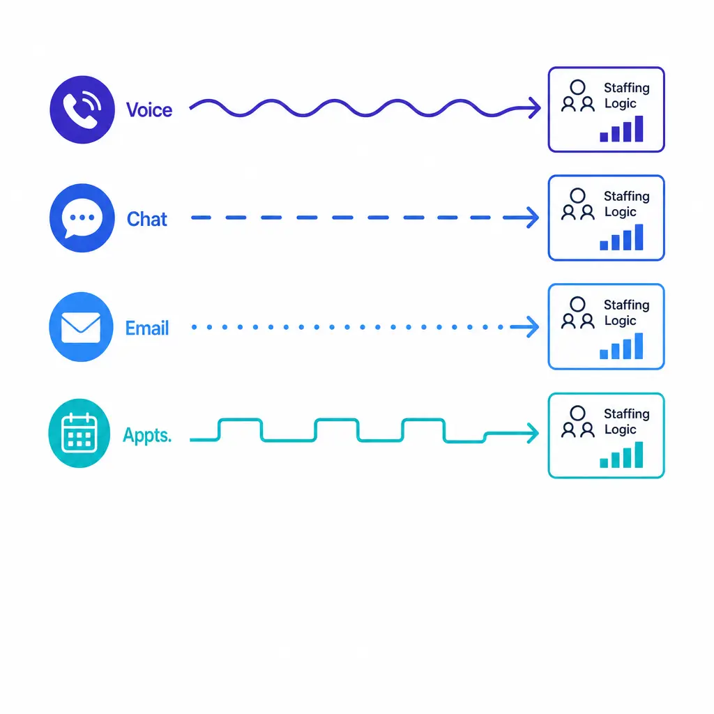 Voice, chat, email, and appointments split into distinct workload streams with different staffing logic.