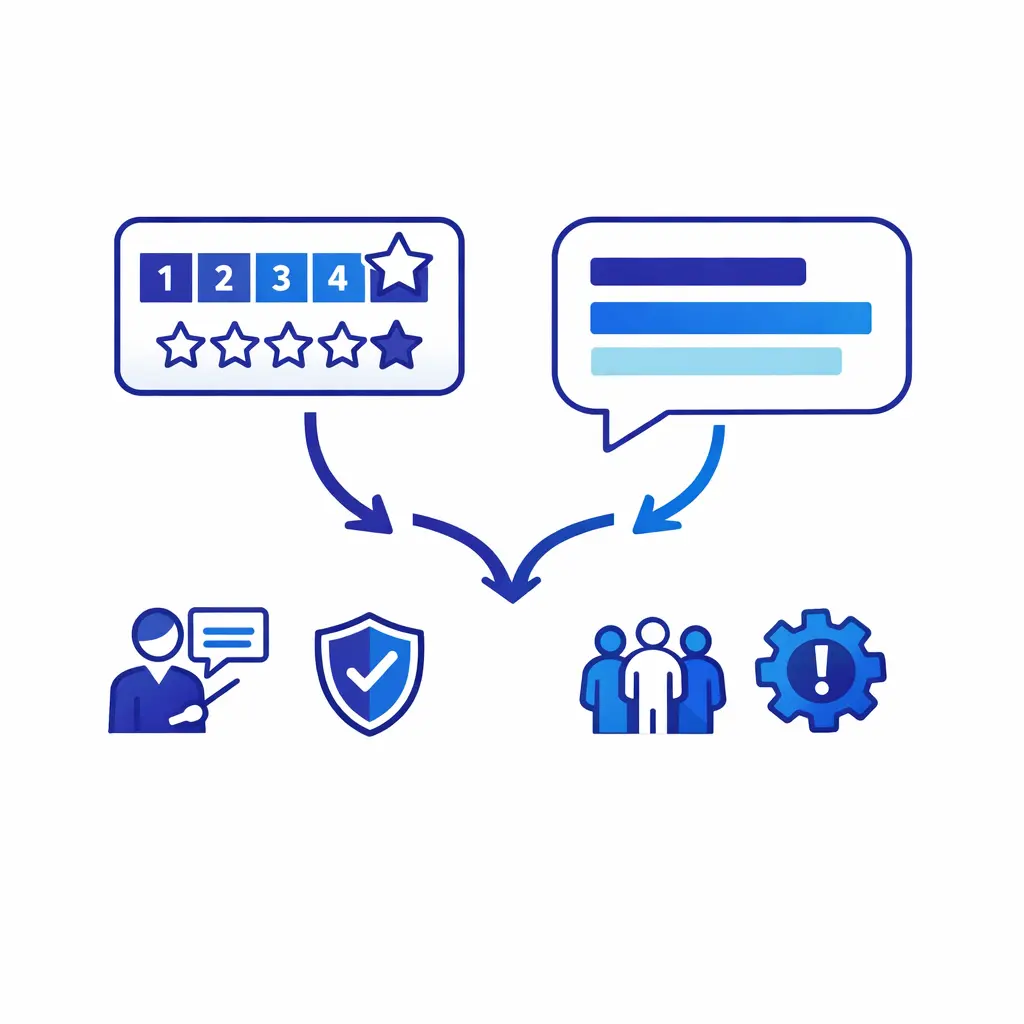 A score card paired with a comment bubble shows why open-text feedback makes metrics actionable.