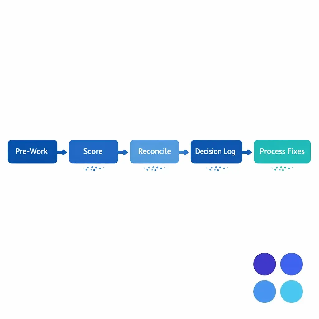 A step-by-step calibration flow shows pre-work, independent scoring, reconciliation, and decision log.