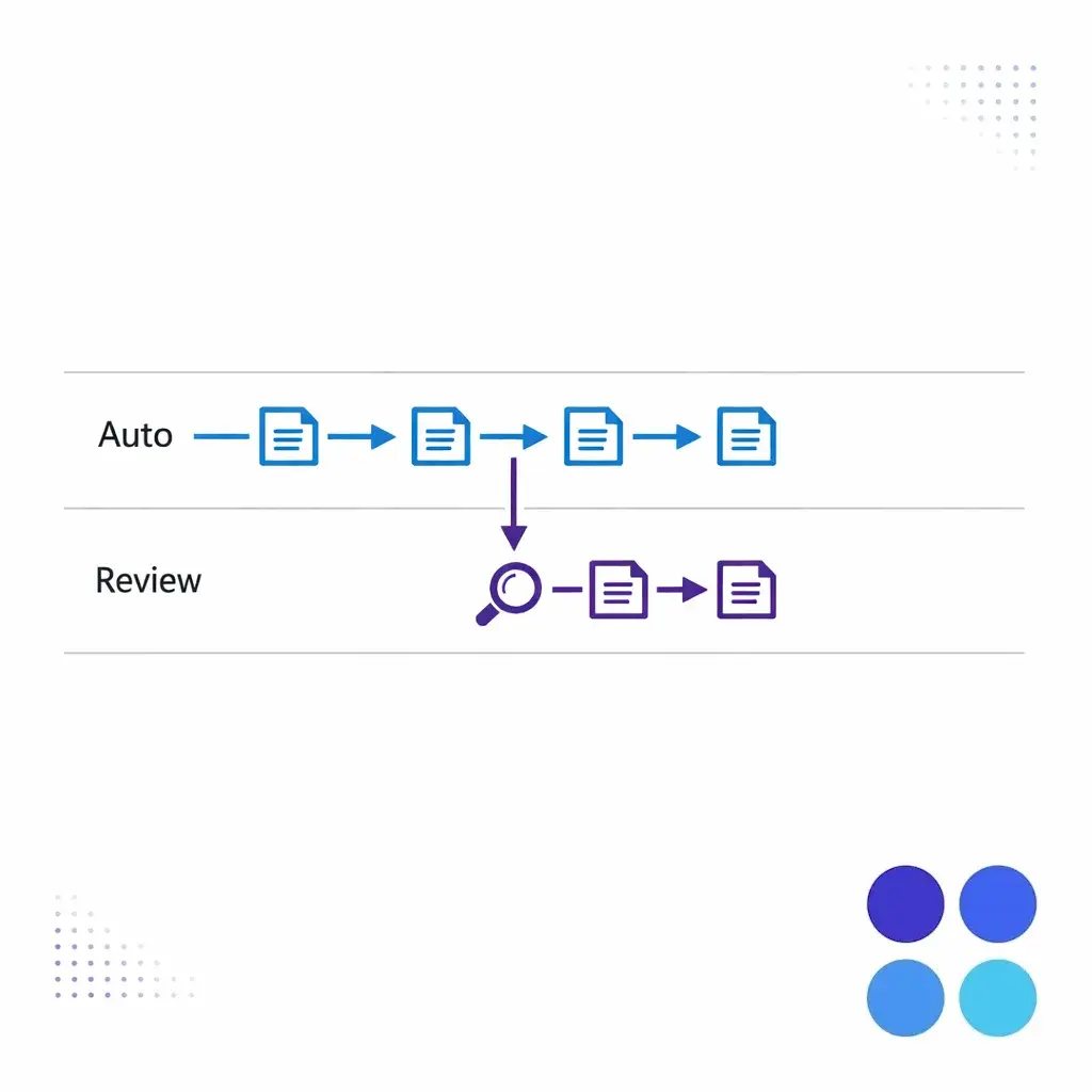 An exception lane routes uncertain matches and missing fields into a queue-for-review path.