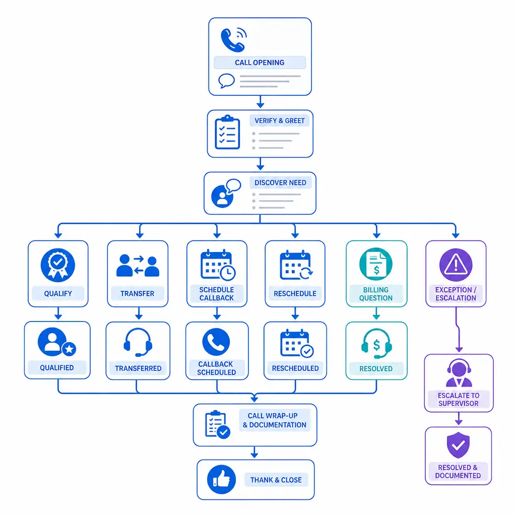 A flexible call script branches into transfer, callback, reschedule, and exception paths.