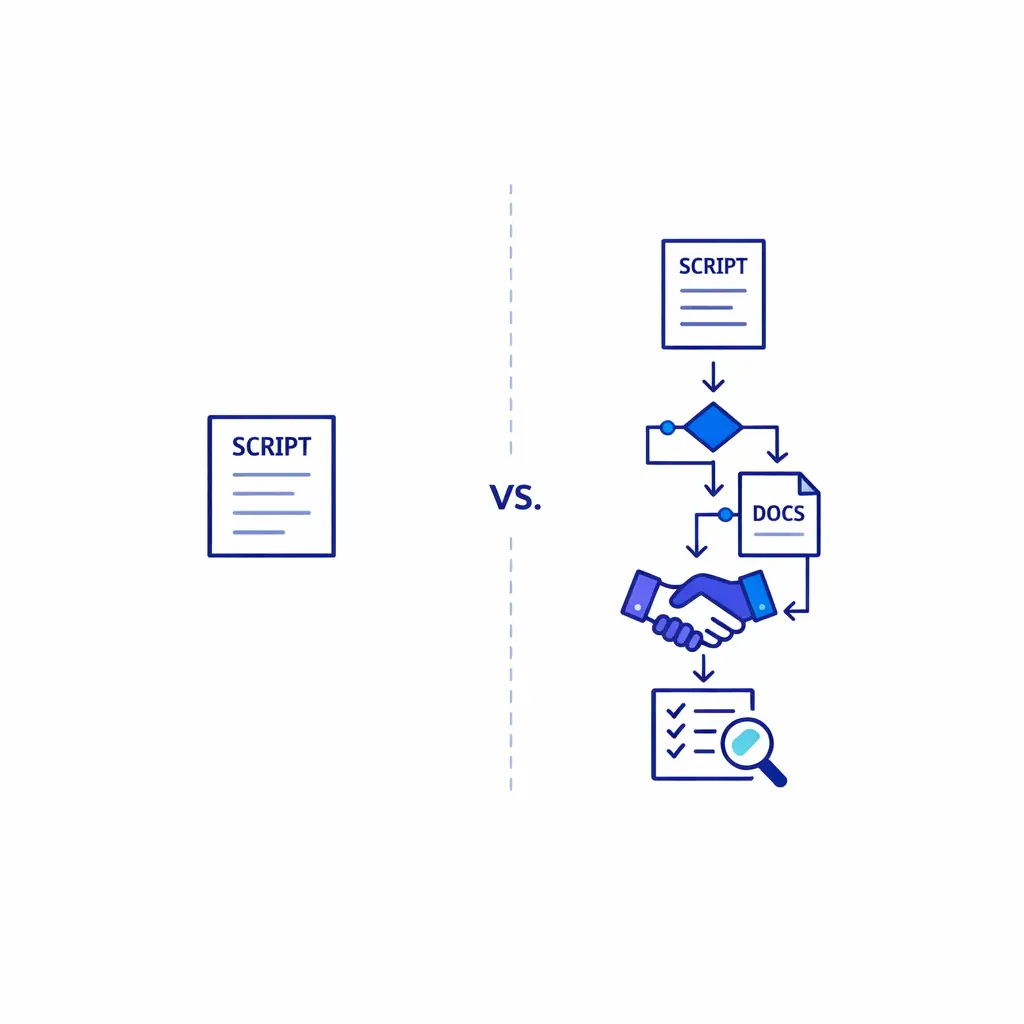 A simple script card is shown as weaker than a connected secure workflow with routing and audit steps.