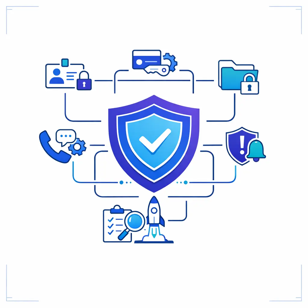 A layered shield and workflow graphic shows secure access, monitoring, and compliance checks for outsourced support.