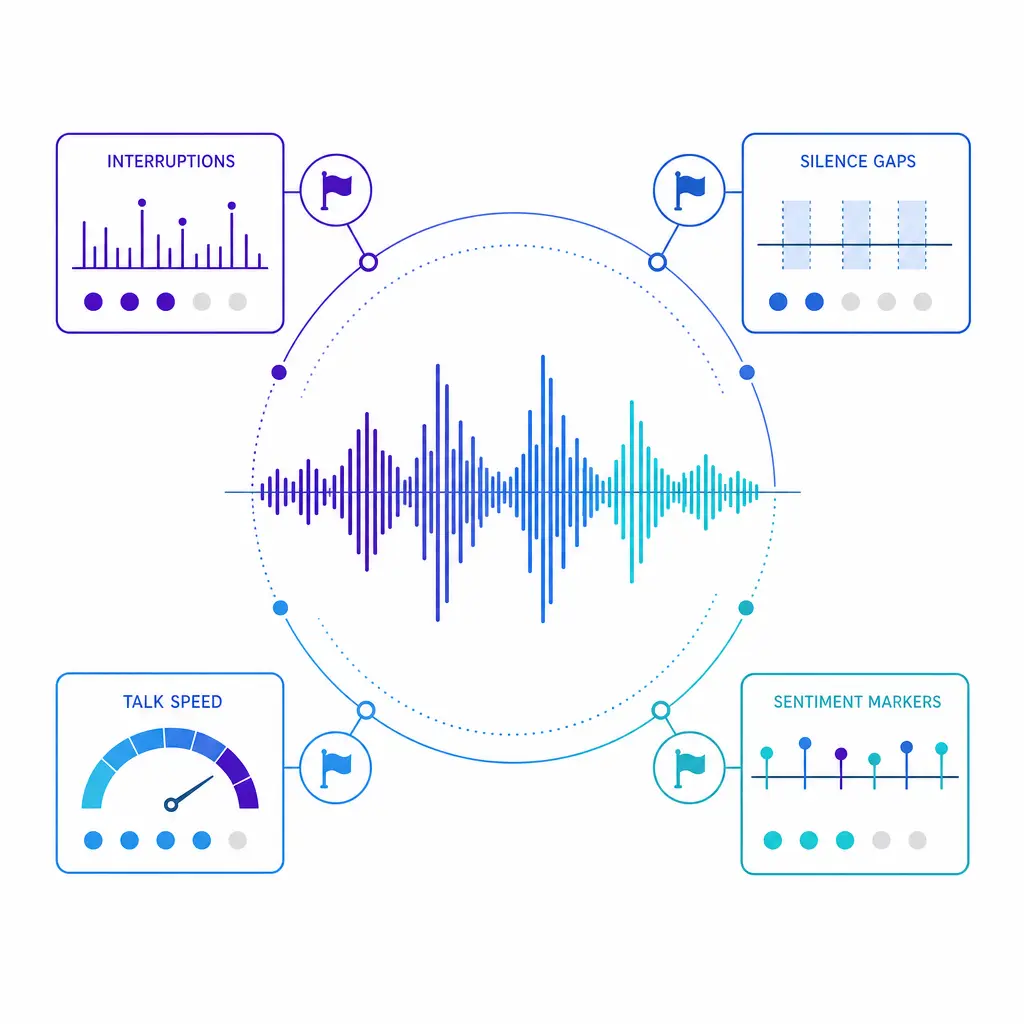 A waveform dashboard surfaces interruptions, silence, pace, and sentiment as review flags rather than judgments.