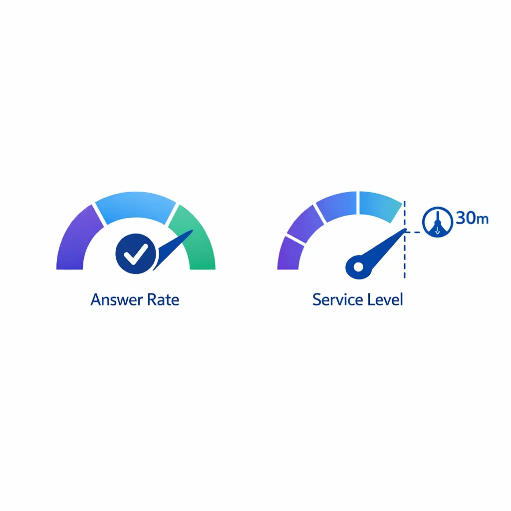 Two side-by-side gauges compare total answered contacts with contacts answered within the promised time threshold.