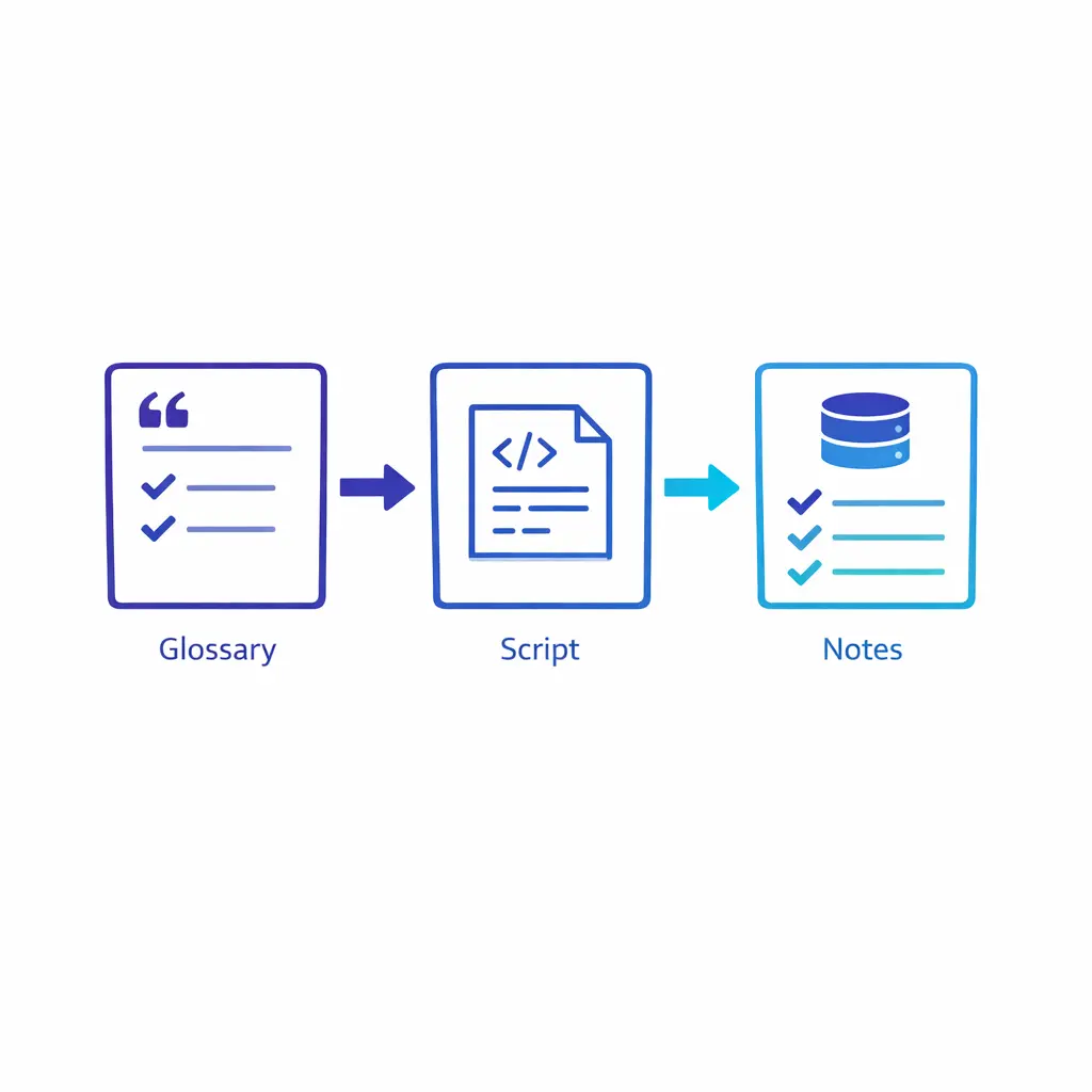A glossary, script, and system note align to show approved Spanish terminology used consistently across workflows.