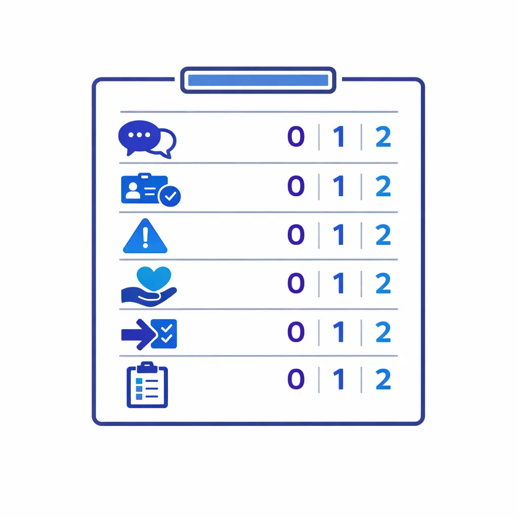 A streamlined scorecard tracks greeting, verification, empathy, notes, and next steps in a consistent review format.