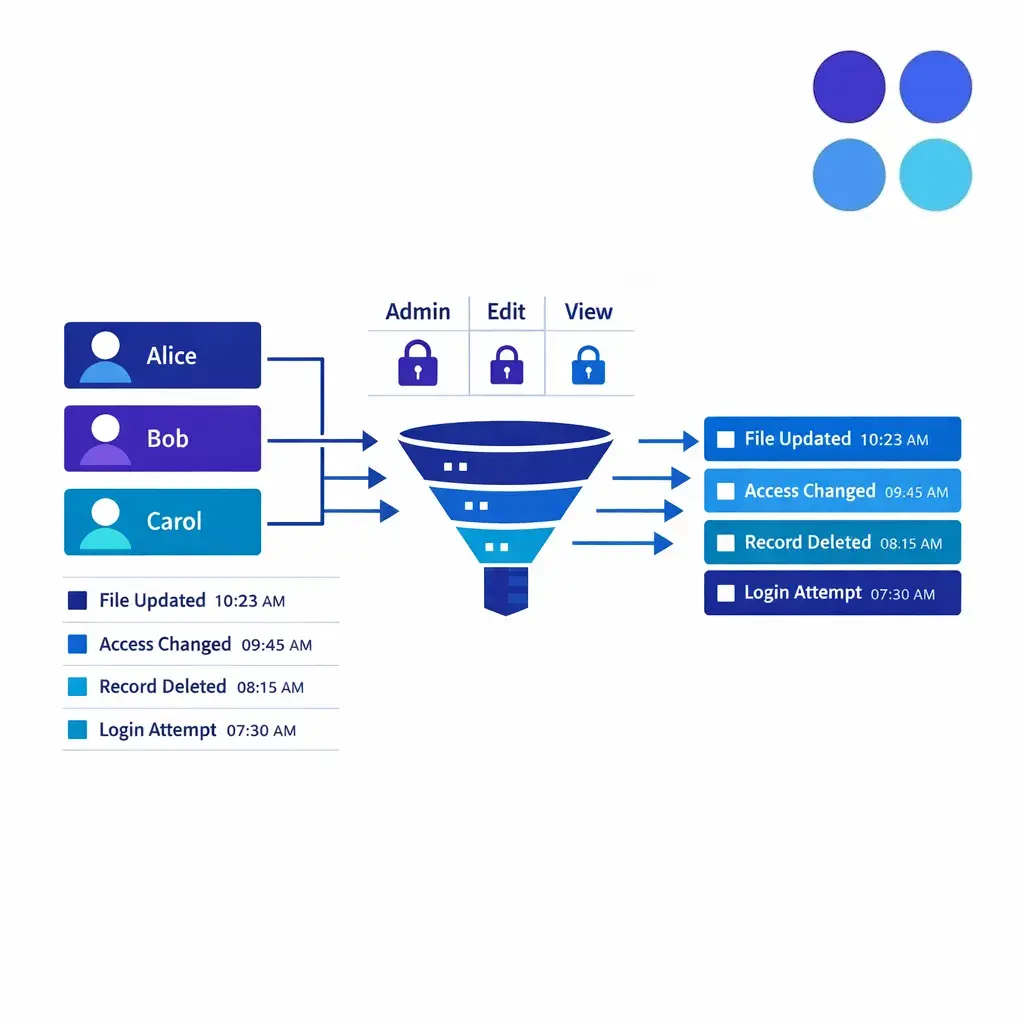 Named accounts, least privilege, and audit logs are visualized as a secure intake control grid.
