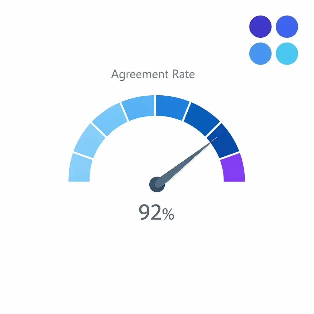 A clean gauge shows auditor agreement rate as a QA health metric with segmented blue bands.