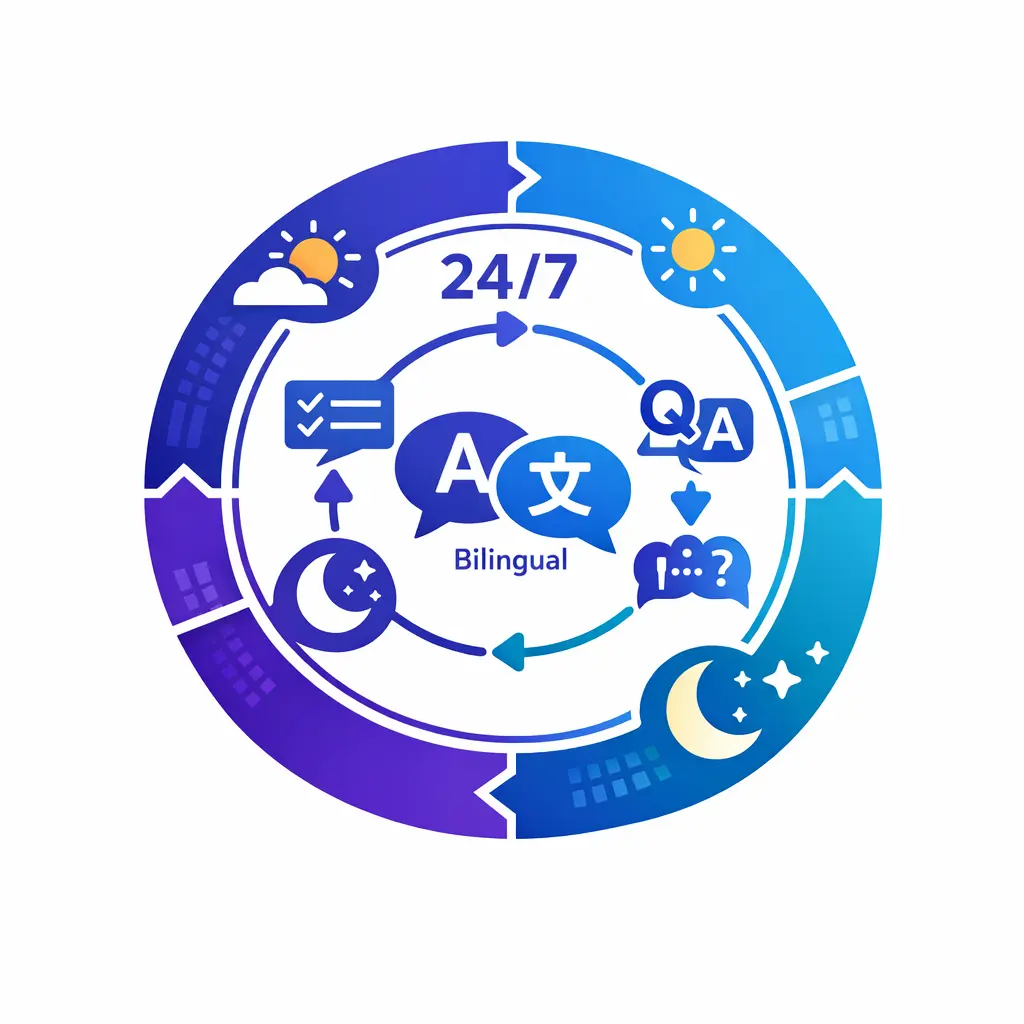 A clean grid visual represents around-the-clock and bilingual support with equal process quality across shifts.