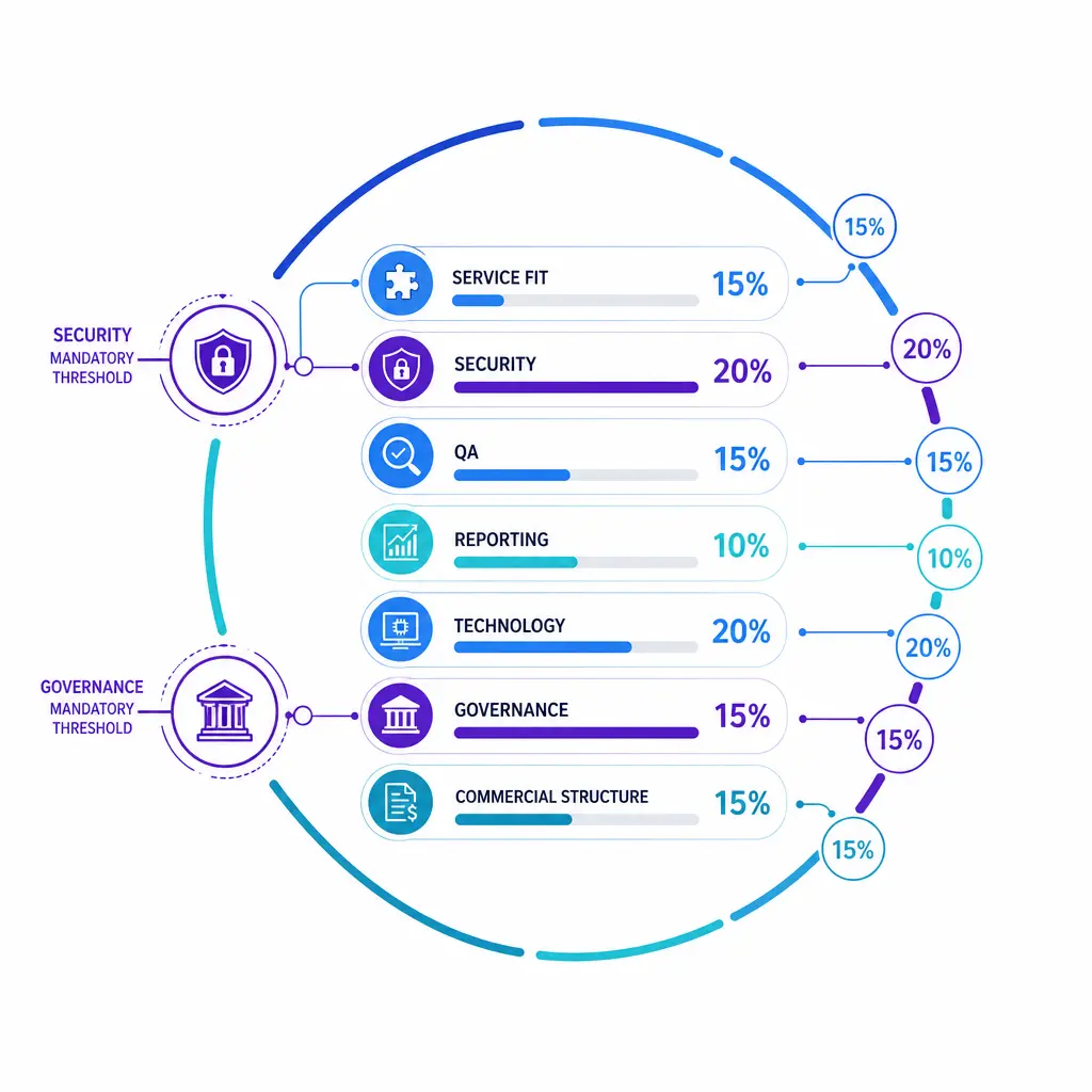 A weighted scorecard diagram highlights service fit, security, QA, reporting, technology, governance, and cost.
