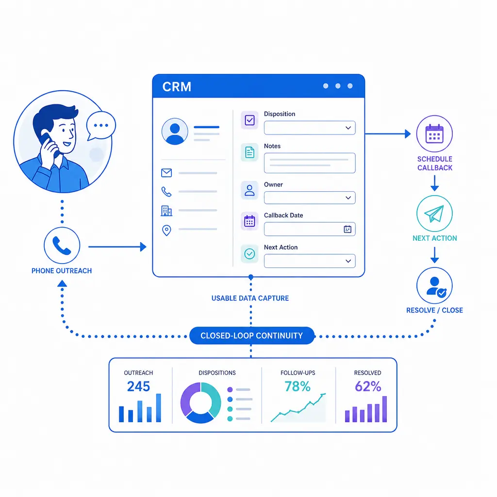 A phone call flows directly into CRM notes, dispositions, and next-action scheduling.