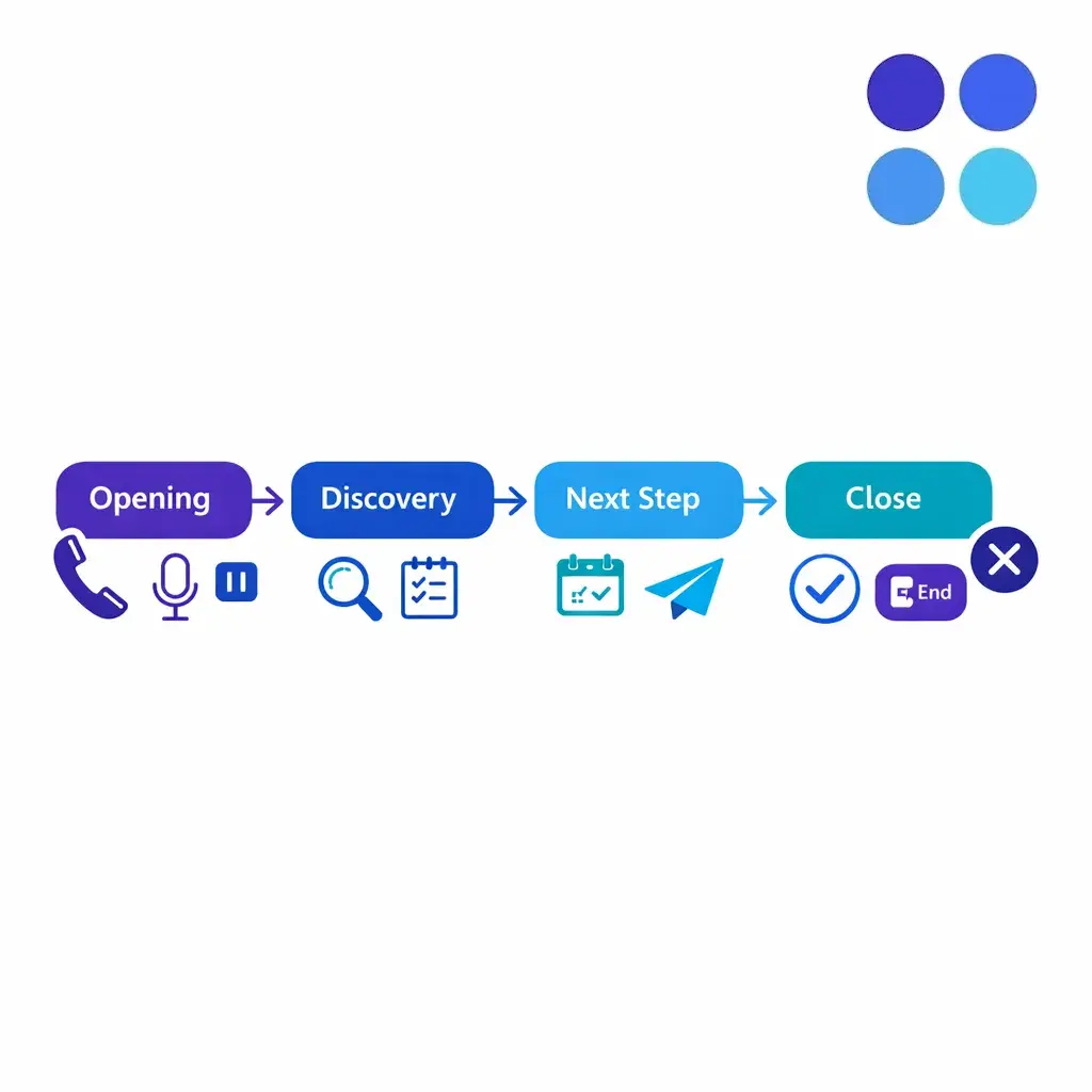 A guided conversation path maps opening, discovery, next step, and close in one clean flow.