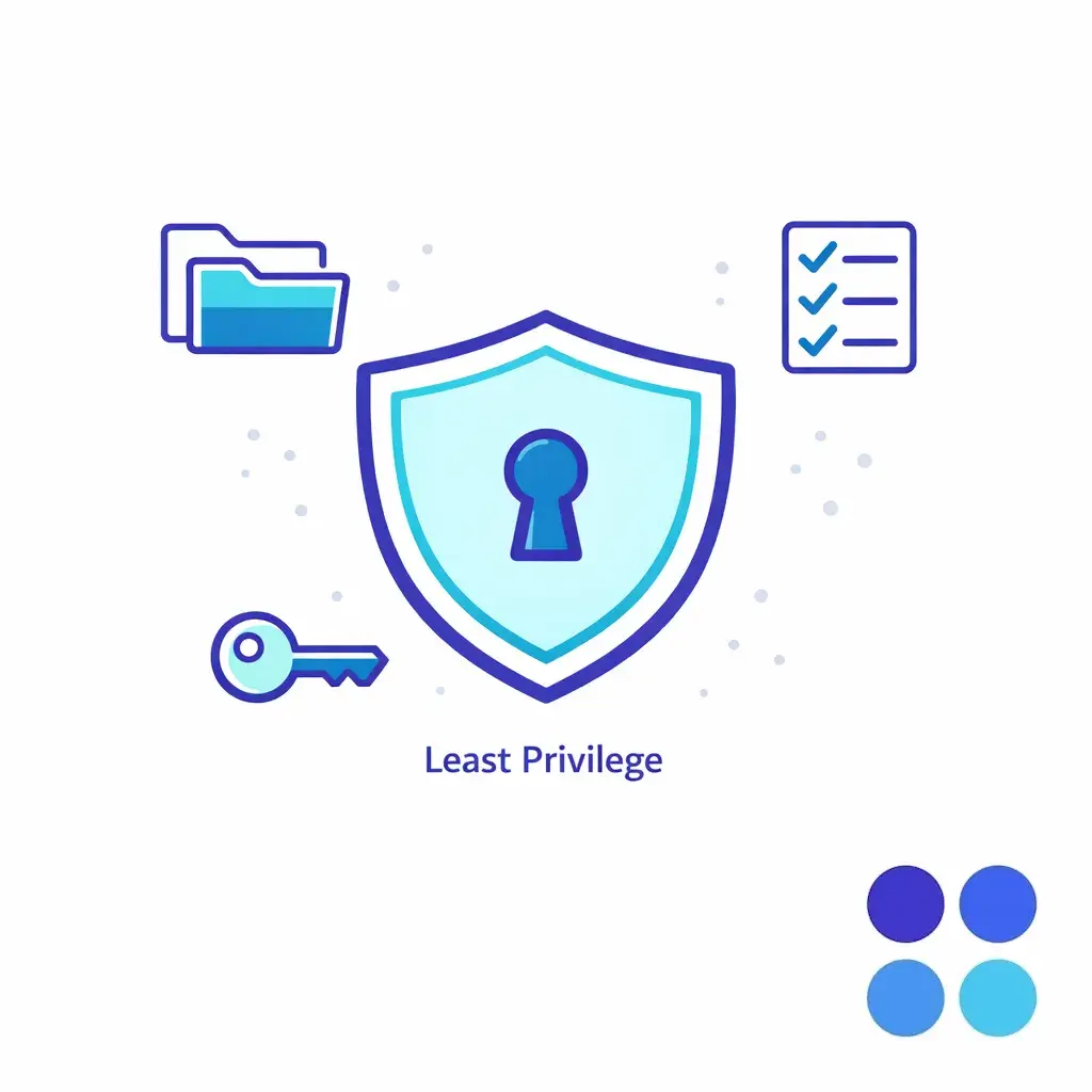 A shield and key icon set shows least-privilege access and secure handling of sensitive data.