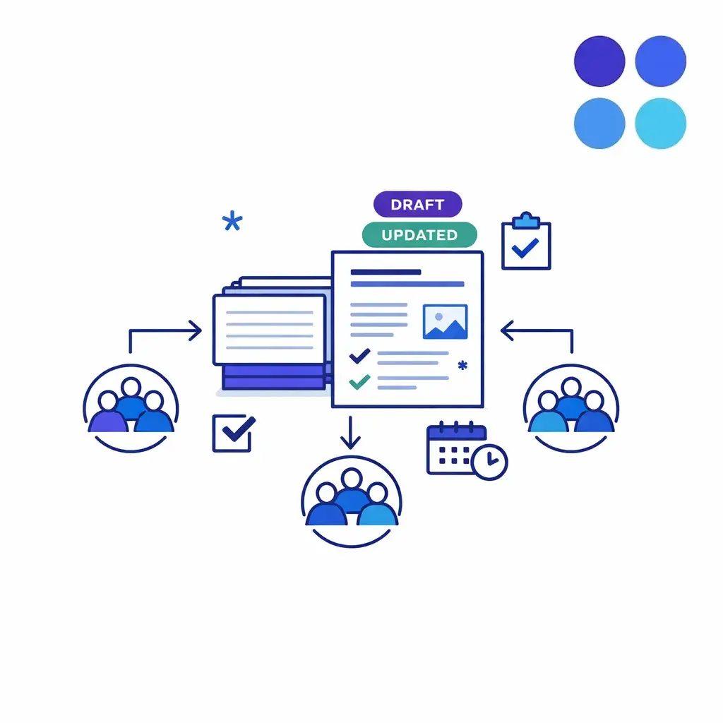 Interconnected note cards and knowledge articles show consistent documentation rules across teams and locations.