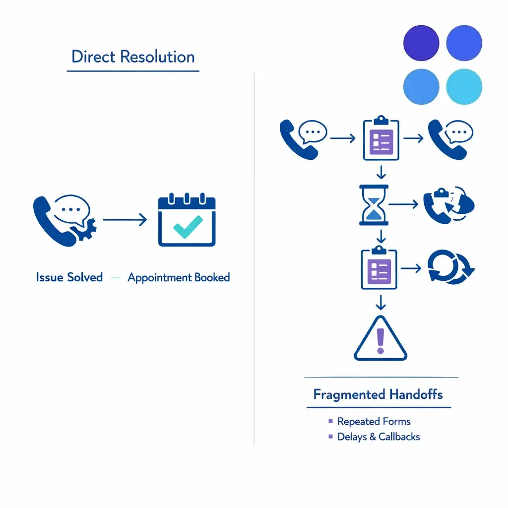 A split-path illustration contrasts a resolved bilingual call with a leaky multi-handoff path that loses conversion.