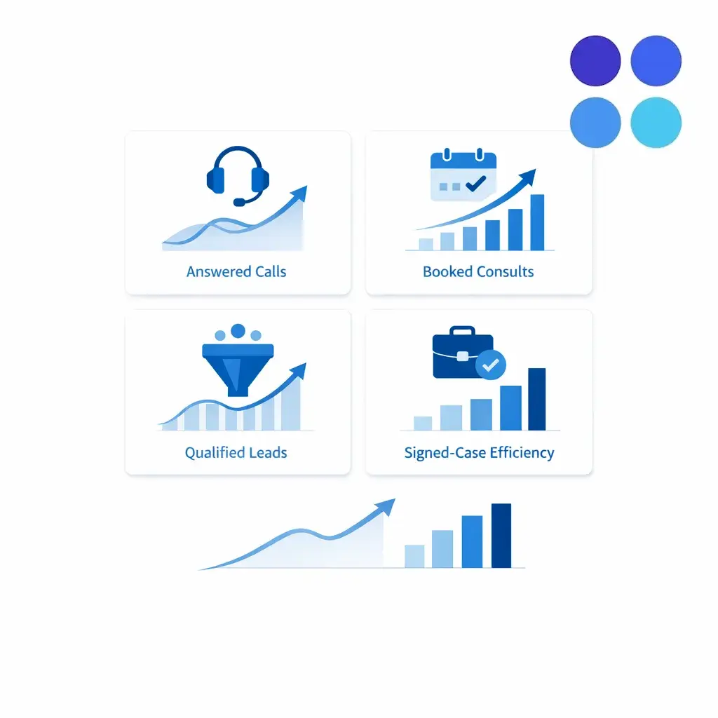 A minimalist dashboard highlights answer rate, consult bookings, qualified leads, and signed-case efficiency.