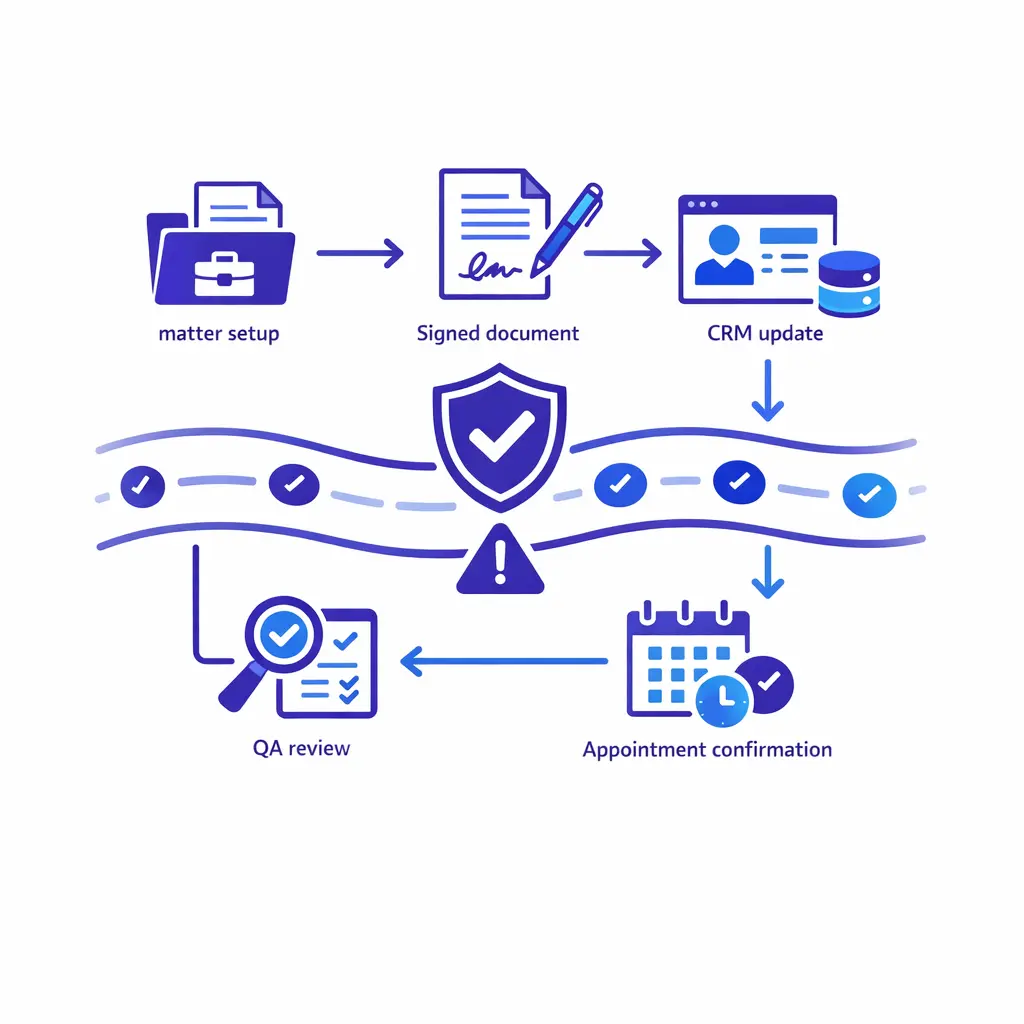 A legal intake workflow uses document, calendar, and shield icons to show process support without legal advice.