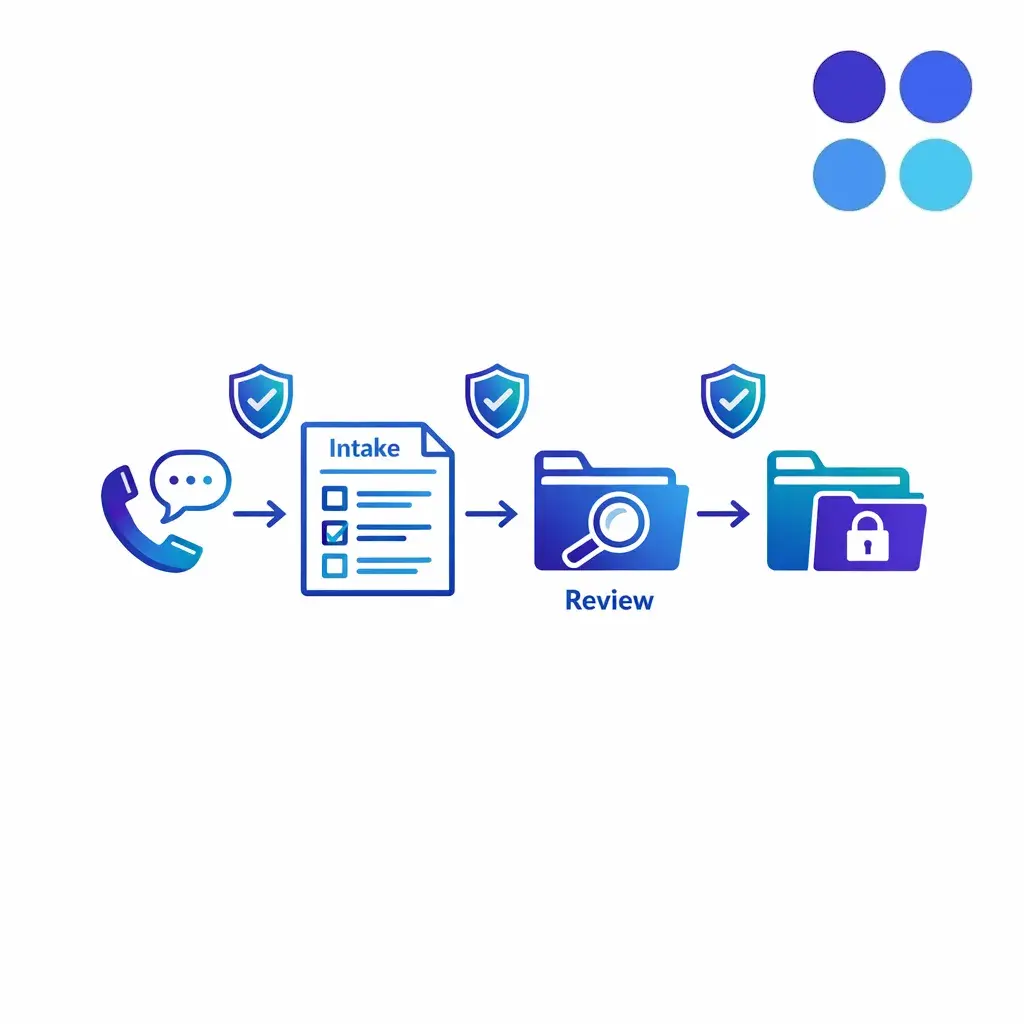 A legal intake flow captures key facts and routes them securely to review without implying legal advice.