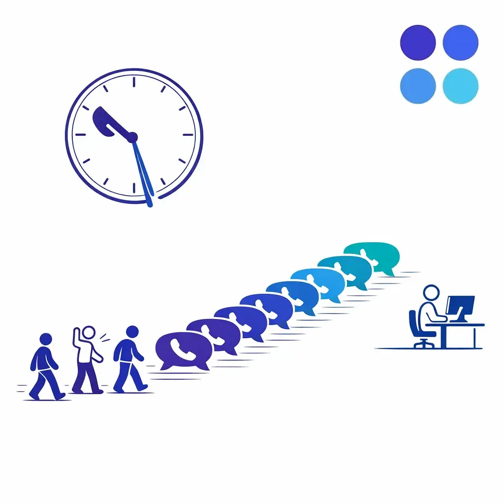 A queue line stretches beside a ticking clock as callers peel away before reaching the agent.