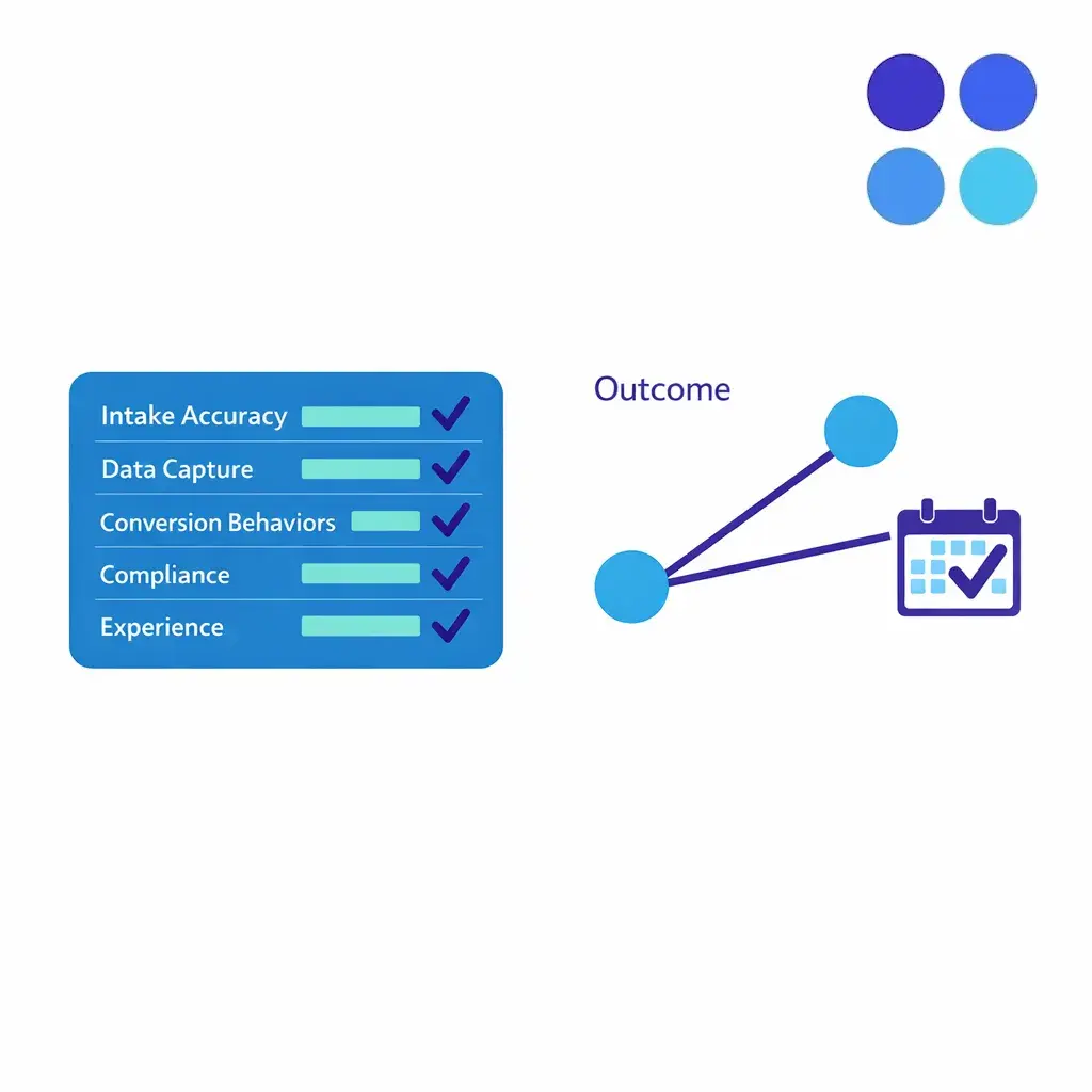 A QA scorecard ties compliance and intake accuracy to booked outcomes with a simple correlation marker.