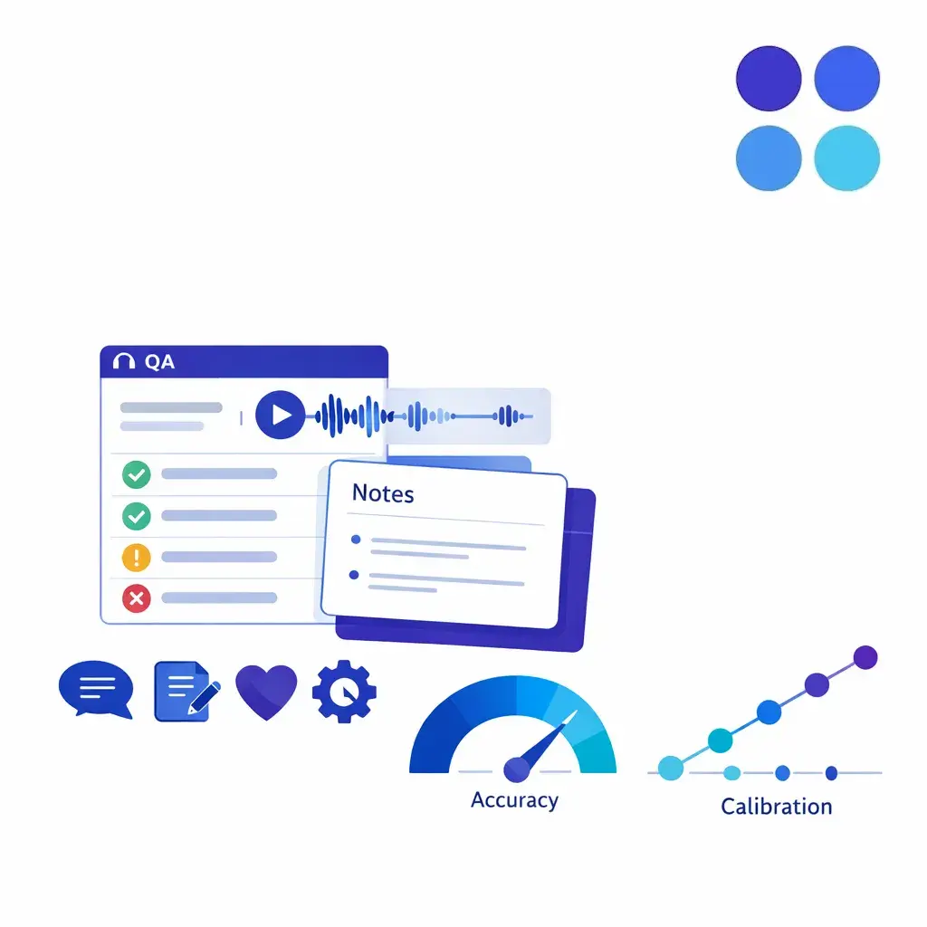 A quality review panel combines language checks, empathy, accuracy, notes, and process adherence in one scorecard.