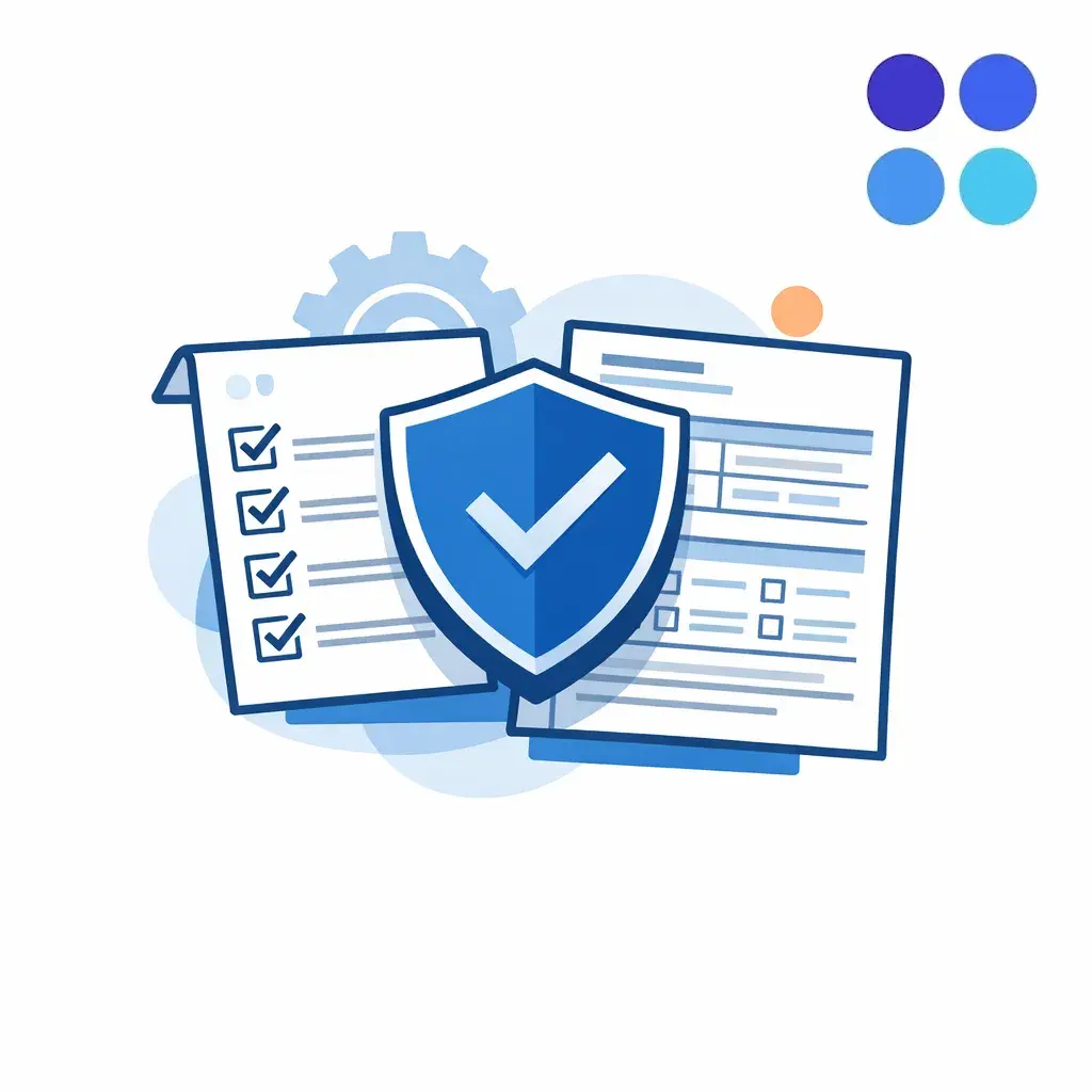 A checklist, shield, and documented intake form illustrate quality assurance and compliance controls working together.
