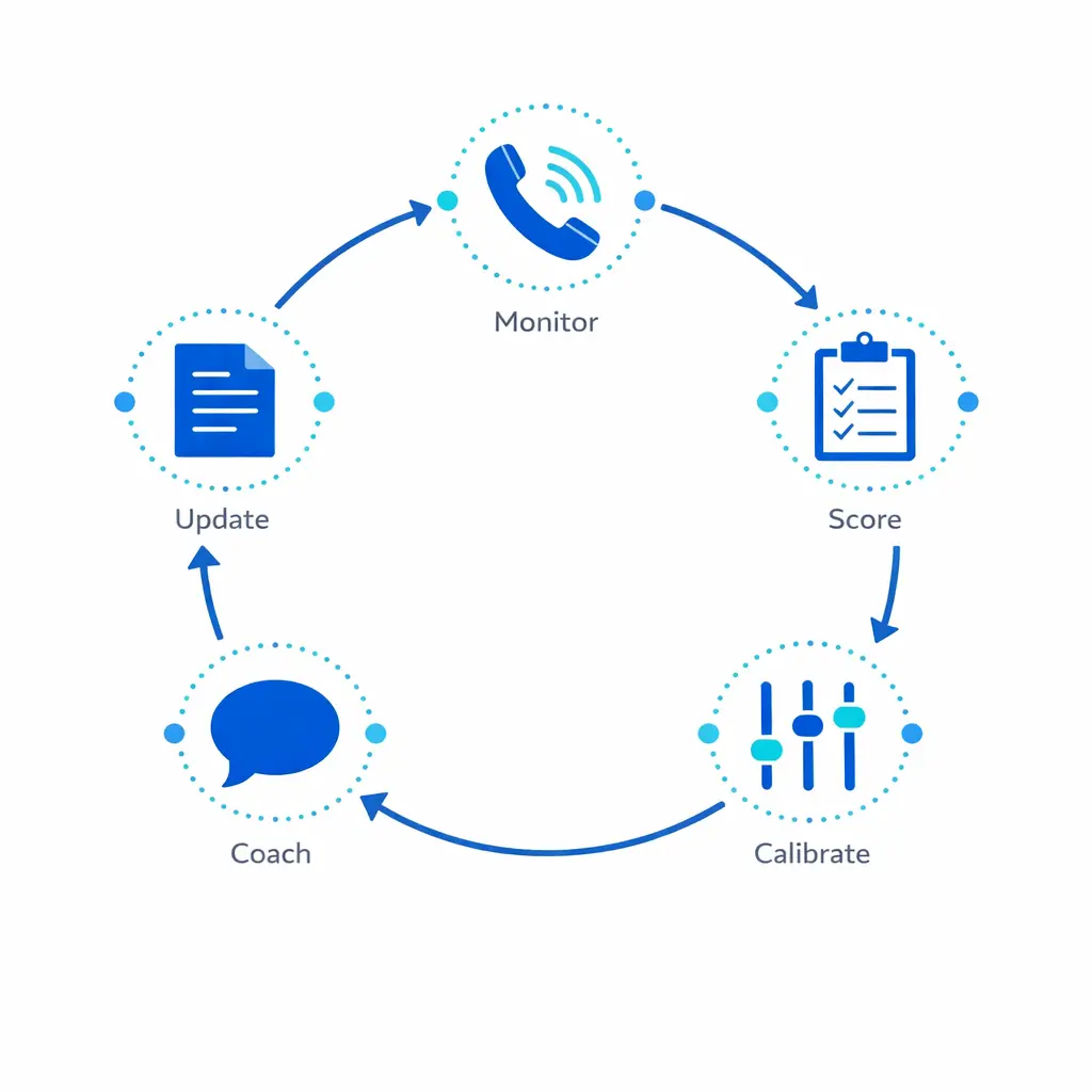 A circular loop showing monitoring, scorecards, calibration, coaching, and script updates for QA transparency.