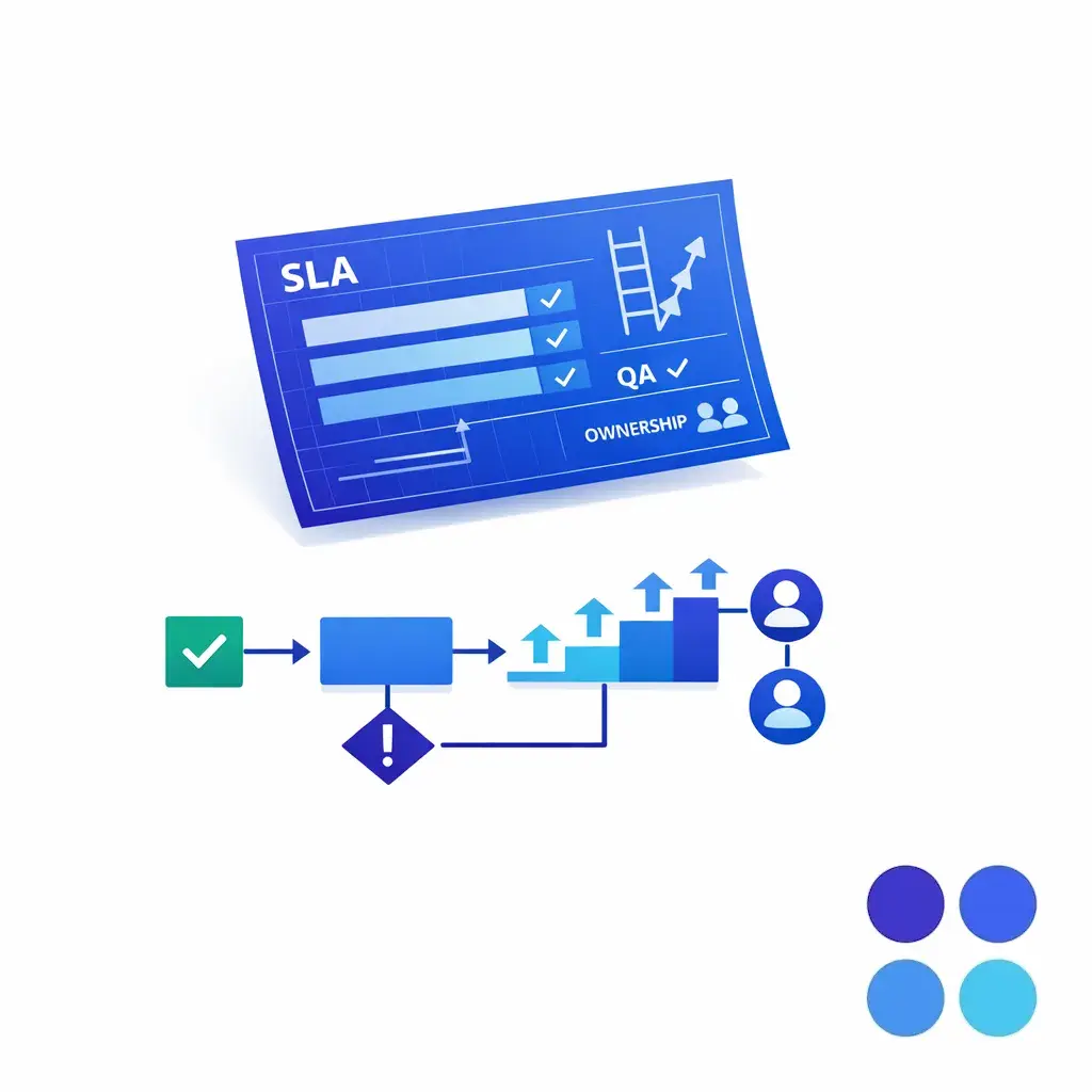 A blueprint-style diagram defines service levels, QA standards, owners, and escalation paths.