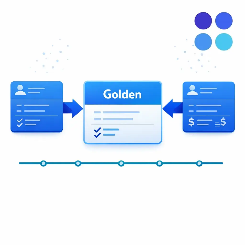 Two records merge into a single golden record while preserving the activity timeline.