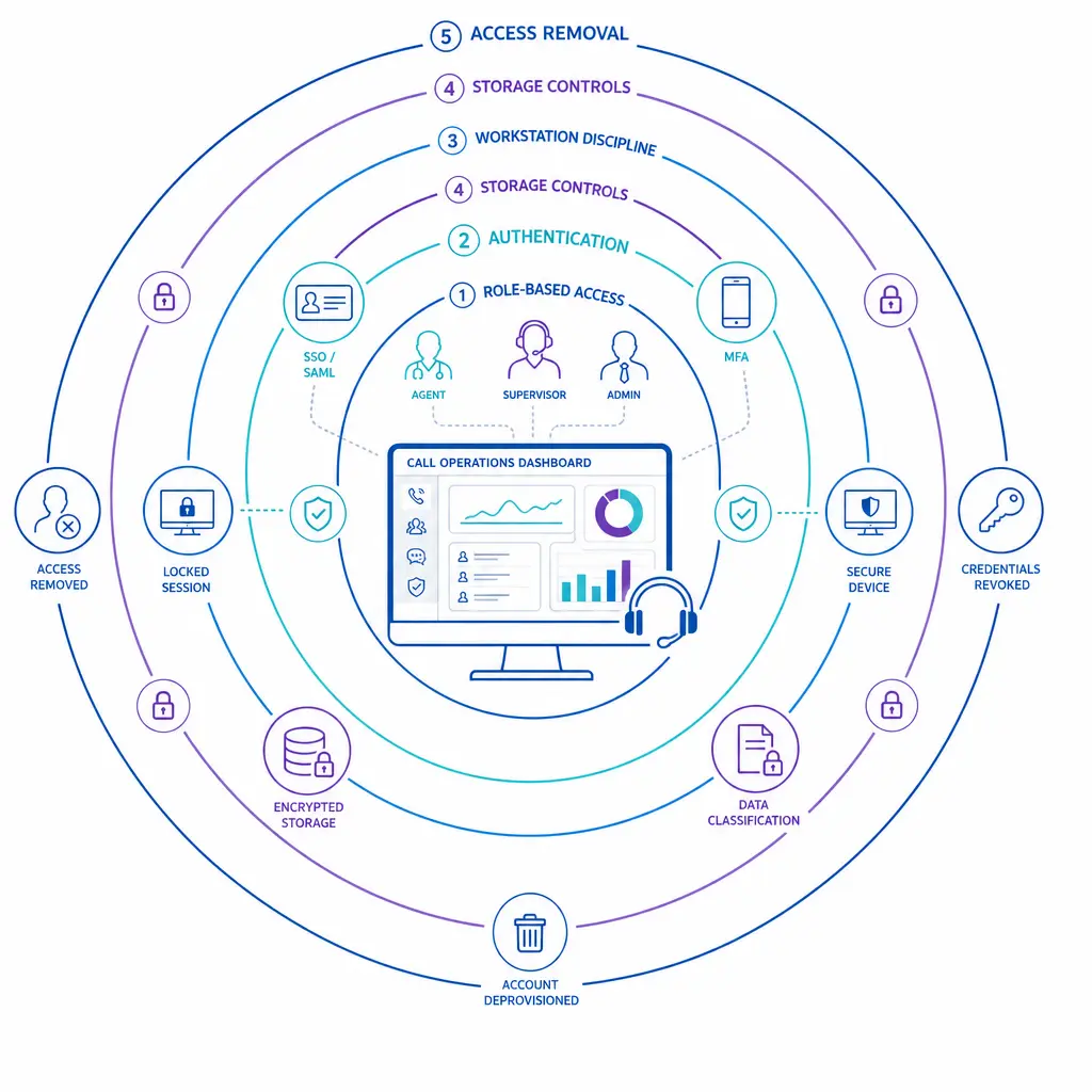Role-based access, secure login, and controlled devices are shown as layered safeguards around call operations.