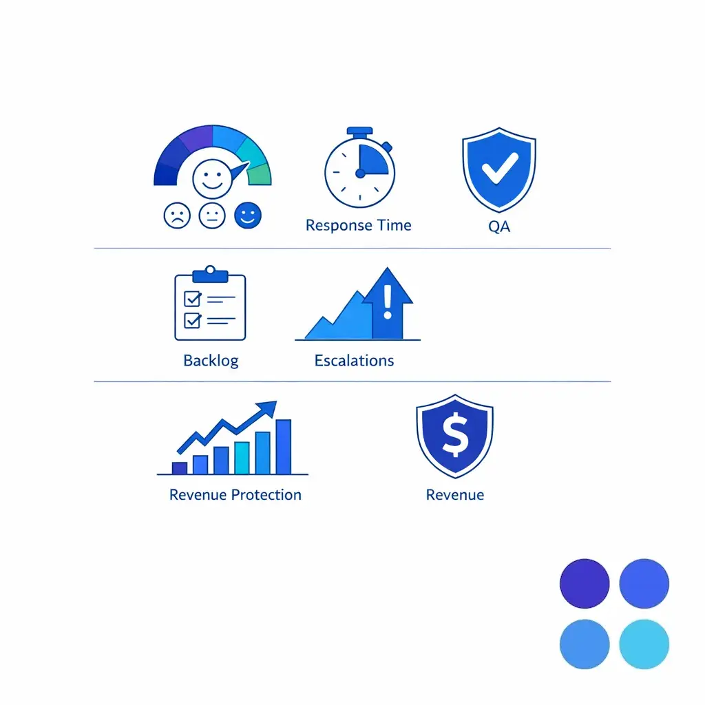 A layered scorecard balances response speed quality and business outcomes in one view.