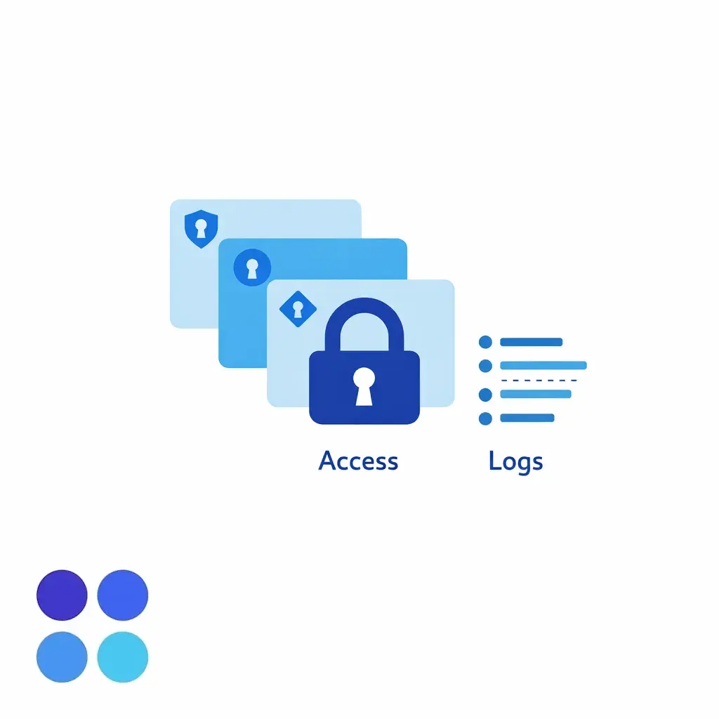 A padlock over layered user roles shows least-access permissions and secure intake handling.